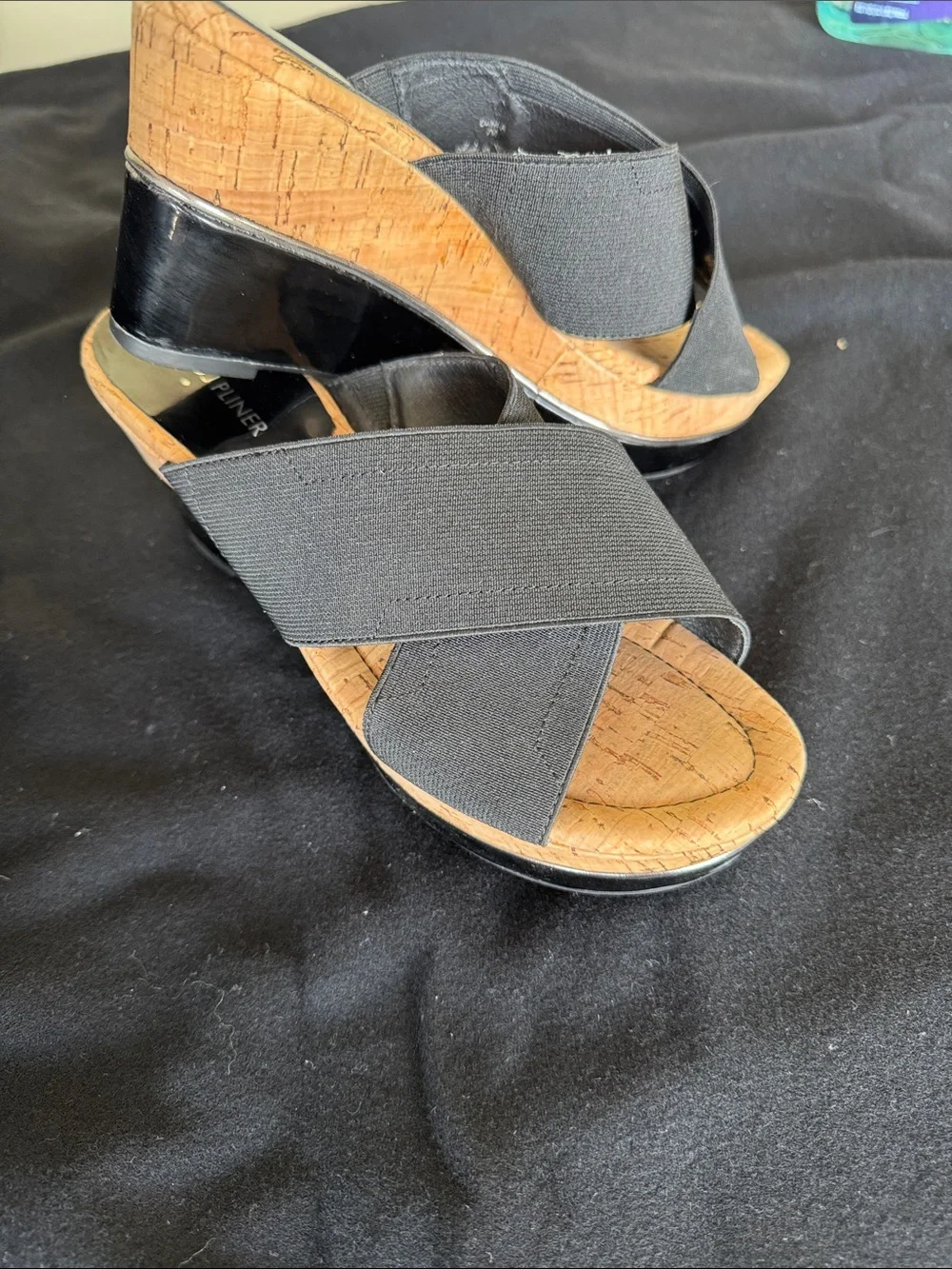 Donald J. Pliner Black Elastic Cork Wedge Sandals